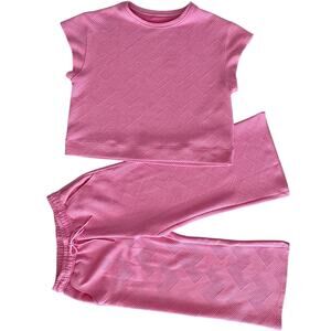 See & Be Seen Short Sleeve Crop Wide Leg Pant Pink Textured Lounge Set Size W L